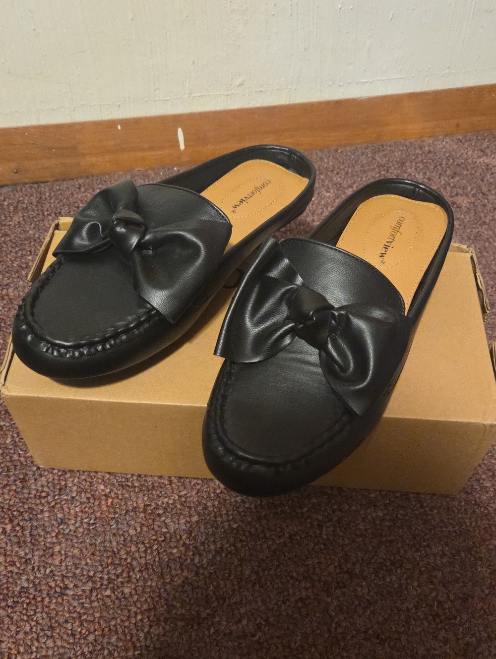 Black Slip-On Bow Loafer Mules for Women